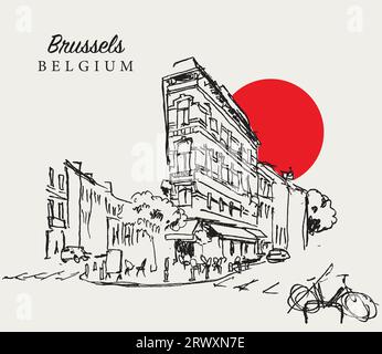 Illustration vectorielle de croquis dessiné à la main d'une rue à Bruxelles, Belgique Banque D'Images