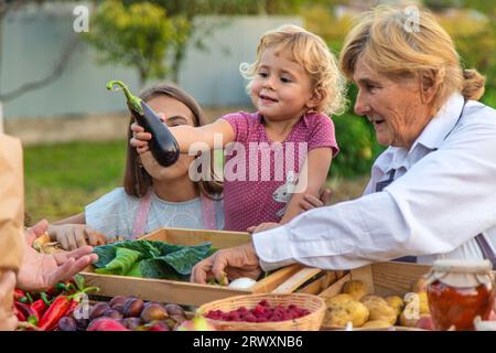 Grand-mère et petite-fille vendent des légumes et des fruits au marché fermier. Mise au point sélective. alimentation. Banque D'Images