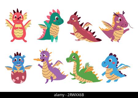 Ensemble de dragons bébés mignons. Heureux animaux de fées. Illustration de Vecteur