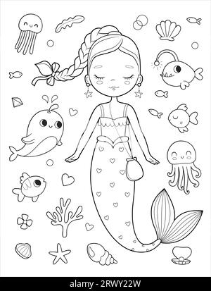 Mignonne sirène entourée de ses amis poissons, dauphins, pieuvres, étoiles de mer et autres créatures marines. Coloriage vectoriel Illustration de Vecteur