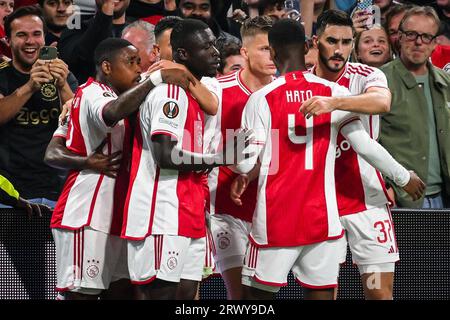 Amsterdam, pays Bas. 21 septembre 2023. Carlos BORGES d'Amsterdam célèbre son but avec ses coéquipiers lors du match de football UEFA League Europa, Groupe B entre l'Ajax Amsterdam et l'Olympique de Marseille le 21 septembre 2023 au stade Johan Cruijff Arena d'Amsterdam, pays-Bas - photo Matthieu Mirville/DPPI crédit : DPPI Media/Alamy Live News Banque D'Images