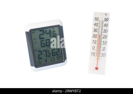 un thermomètre analogique et un thermomètre numérique sur fond transparent Banque D'Images