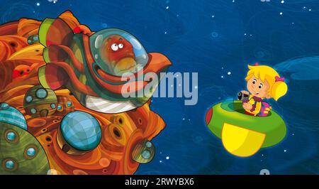 Dessin animé drôle scène colorée du cosmos galactique extraterrestre ufo isolé illustration pour les enfants Banque D'Images