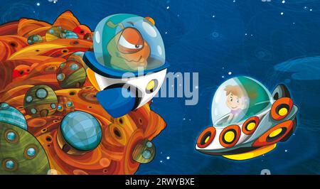 Dessin animé drôle scène colorée du cosmos galactique extraterrestre ufo isolé illustration pour les enfants Banque D'Images