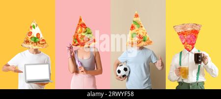 Ensemble de personnes avec des tranches de pizza savoureuse au lieu de leurs têtes sur fond de couleur Banque D'Images