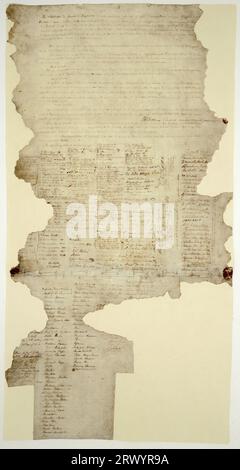 Feuille 1 du Traité original de Waitangi, signé en 1840 entre la Couronne britannique et les chefs maoris. Photographié dans la lumière disponible dans la salle d'exposition du Musée national de Nouvelle-Zélande avec un réglage ISO élevé qui a produit un certain grain. Banque D'Images