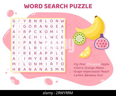 Puzzle de recherche de mots avec fruits et baies. Illustration de Vecteur