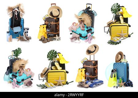 Ensemble avec valises et accessoires de plage isolé sur blanc Banque D'Images