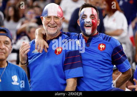 Marseille, France. 21 septembre 2023. Fans de France lors du match de coupe du monde de rugby entre la France et la Namibie au Stade de Marseille le 21 septembre 2023 à Marseille. Photo de Patrick aventurier/ABACAPRESS.COM crédit : Abaca Press/Alamy Live News Banque D'Images