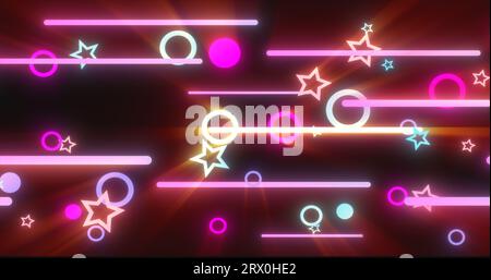 Motif abstrait géométrique brillant rouge violet de lignes volantes et de cercles. Banque D'Images