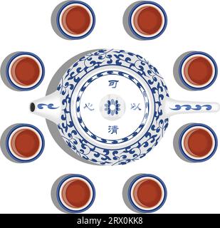 Illustration vectorielle en couches de théière traditionnelle chinoise et théière avec motif BLEU ET BLANC. Illustration de Vecteur