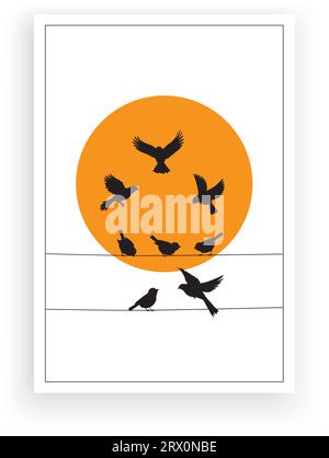 Silhouettes d'oiseaux volants sur le coucher du soleil isolé sur fond blanc, vecteur. Un troupeau d'oiseaux volant ensemble au coucher du soleil, illustration. Décalcomanies murales, mur a Illustration de Vecteur