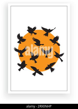 Silhouettes d'oiseaux volants sur le coucher du soleil isolé sur fond blanc, vecteur. Un troupeau d'oiseaux volant ensemble au coucher du soleil, illustration. Autocollants muraux, mur Illustration de Vecteur