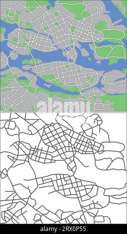 streetmap vectoriel éditable en couches de Stockholm, Suède, qui contient des lignes et des formes colorées pour les terres, les routes, les rivières et les parcs. Illustration de Vecteur