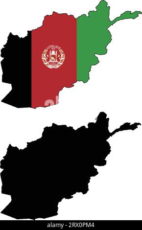 Carte de pays d'illustration vectorielle éditable en couches de l'Afghanistan, qui contient deux versions, version de drapeau de pays coloré et version de silhouette noire Illustration de Vecteur