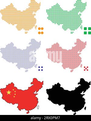 Carte de pays d'illustration vectorielle éditable en couches de la Chine, qui contient deux versions, version de drapeau de pays coloré et version de silhouette noire. Illustration de Vecteur