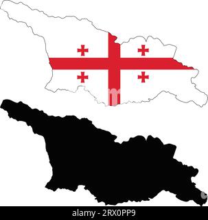 Carte de pays d'illustration vectorielle éditable en couches de la Géorgie, qui contient deux versions, la version de drapeau de pays coloré et la version de silhouette noire. Illustration de Vecteur