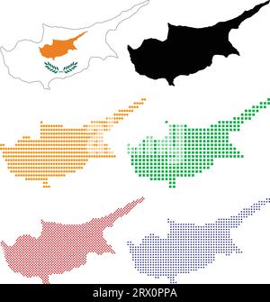 Carte de pays d'illustration vectorielle éditable en couches de Chypre, qui contient deux versions, la version de drapeau de pays coloré et la version de silhouette noire. Illustration de Vecteur