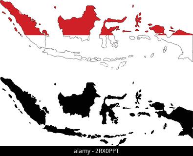 Carte de pays d'illustration vectorielle éditable en couches de l'Indonésie, qui contient deux versions, la version de drapeau de pays coloré et la version de silhouette noire. Illustration de Vecteur