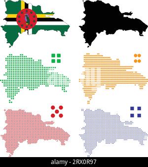 Carte de pays d'illustration vectorielle éditable en couches de la Dominique, qui contient la version de drapeau de pays coloré, la version de silhouette noire et le pixel defferent Illustration de Vecteur