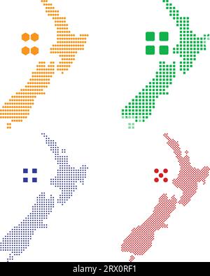 La carte de pays d'illustration vectorielle éditable en couches de la Nouvelle-Zélande, qui contient quatre versions de pixels différents, peut être utilisée comme arrière-plan ou matériau. Illustration de Vecteur