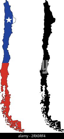 Carte de pays d'illustration vectorielle éditable en couches du Chili, qui contient deux versions, la version de drapeau de pays coloré et la version de silhouette noire. Illustration de Vecteur