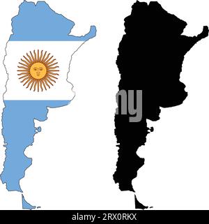 Carte de pays d'illustration vectorielle éditable en couches de l'Argentine, qui contient deux versions, la version de drapeau de pays coloré et la version de silhouette noire. Illustration de Vecteur