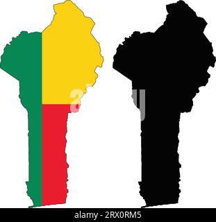 Carte de pays d'illustration vectorielle éditable en couches du Bénin, qui contient deux versions, la version de drapeau de pays coloré et la version de silhouette noire. Illustration de Vecteur