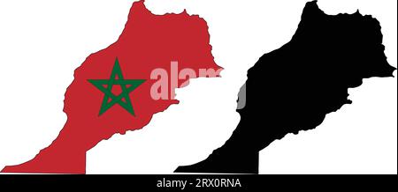 Carte de pays d'illustration vectorielle éditable en couches du Maroc, qui contient deux versions, la version de drapeau de pays coloré et la version de silhouette noire. Illustration de Vecteur