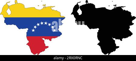 Carte de pays d'illustration vectorielle éditable en couches du Venezuela, qui contient deux versions, la version de drapeau de pays coloré et la version de silhouette noire. Illustration de Vecteur