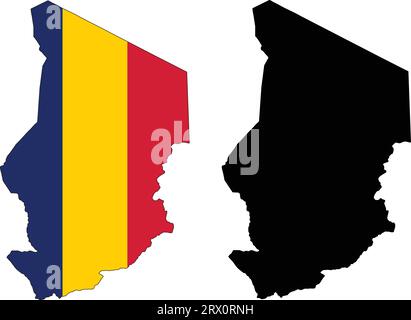 Carte de pays d'illustration vectorielle éditable en couches du Tchad, qui contient deux versions, la version de drapeau de pays coloré et la version de silhouette noire. Illustration de Vecteur