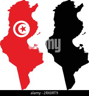 Carte de pays d'illustration vectorielle éditable en couches de la Tunisie, qui contient deux versions, la version de drapeau de pays coloré et la version de silhouette noire. Illustration de Vecteur