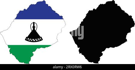 Carte de pays d'illustration vectorielle éditable en couches du Lesotho, qui contient deux versions, la version de drapeau de pays coloré et la version de silhouette noire. Illustration de Vecteur