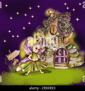 composition aquarelle. fée avec sa maison. illustration pour enfants sur le fond d'étoiles brillantes Banque D'Images