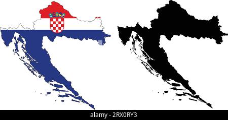 Carte de pays d'illustration vectorielle éditable en couches de la Croatie, qui contient deux versions, la version de drapeau de pays coloré et la version de silhouette noire. Illustration de Vecteur