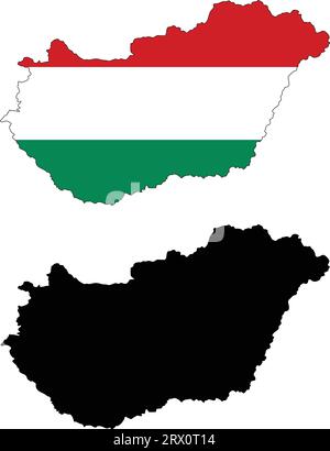 Carte de pays d'illustration vectorielle éditable en couches de la Hongrie, qui contient deux versions, la version de drapeau de pays coloré et la version de silhouette noire. Illustration de Vecteur