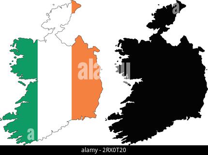 Carte de pays d'illustration vectorielle éditable en couches de l'Irlande, qui contient deux versions, la version de drapeau de pays coloré et la version de silhouette noire. Illustration de Vecteur