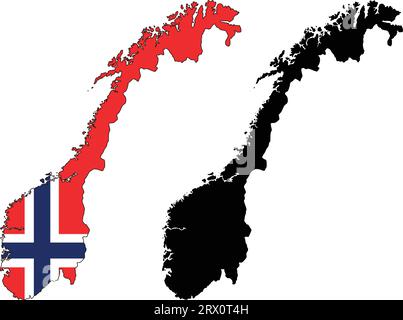 Carte de pays d'illustration vectorielle éditable en couches de la Norvège, qui contient deux versions, la version de drapeau de pays coloré et la version de silhouette noire. Illustration de Vecteur