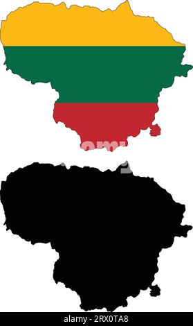 Carte de pays d'illustration vectorielle éditable en couches de la Lituanie, qui contient deux versions, la version de drapeau de pays coloré et la version de silhouette noire. Illustration de Vecteur