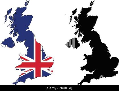 Carte de pays d'illustration vectorielle éditable en couches du Royaume-Uni, qui contient deux versions, version de drapeau de pays coloré et silhouette noire Illustration de Vecteur