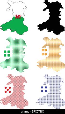 Carte de pays d'illustration vectorielle éditable en couches du pays de Galles, qui contient la version de drapeau de pays coloré, la version de silhouette noire et defferent pixel ve Illustration de Vecteur