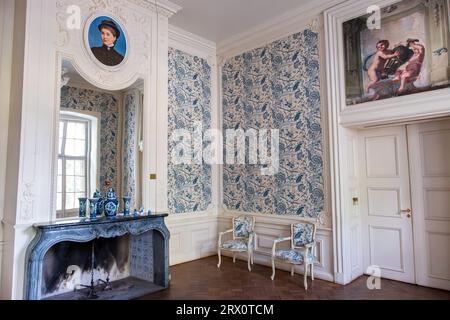 Chambre avec cheminée et portrait de Joséphine von Nolcken dans le manoir Alatskivi. Alatskivi, Estonie Banque D'Images