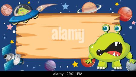 Illustration de dessin animé vectoriel d'un monstre extraterrestre entouré d'un cadre de bordure en bois dans l'espace Illustration de Vecteur