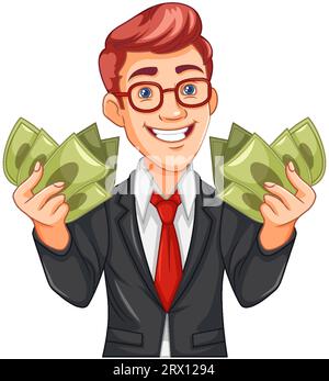 Homme d'affaires de jeunesse tenant l'illustration de l'argent Illustration de Vecteur