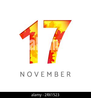 Logo du numéro du calendrier de novembre 17. Concept de signe d'automne. Planificateur ou modèle de bannière. symboles 1 et 7. Icône créative avec des feuilles d'automne. Emblème saisonnier Illustration de Vecteur