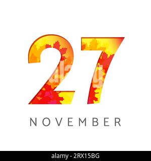Numéros civils du 27 novembre. logotype d'automne vieux de 27 ans. Chiffres anniversaire avec feuilles. Modèle de conception graphique abstrait isolé. Illustration de Vecteur