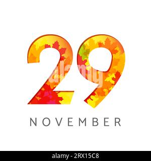 Numéros civils du 29 novembre. logotype d'automne vieux de 29 ans. Chiffres anniversaire avec feuilles. Modèle de conception graphique abstrait isolé. Blanc bg Illustration de Vecteur