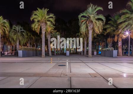 Promenade publique à Malaga, Parmeral de las Sorpresas à la fin de la nuit dans les couleurs des lumières nocturnes de la ville. Architecture urbaine moderne, Malaga. Banque D'Images