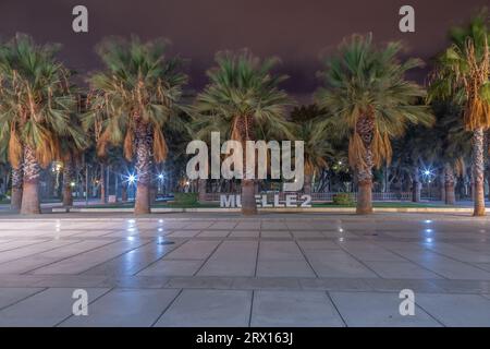 Promenade publique à Malaga, Parmeral de las Sorpresas à la fin de la nuit dans les couleurs des lumières nocturnes de la ville. Architecture urbaine moderne, Malaga. Banque D'Images