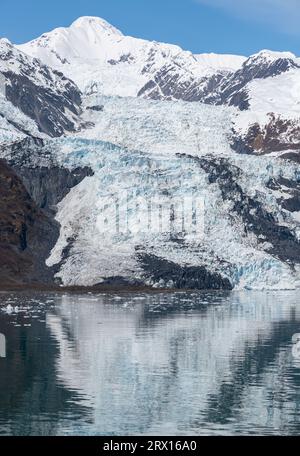 Glacier Tidewater reflété dans les eaux calmes du College Fjord, Alaska, USA Banque D'Images